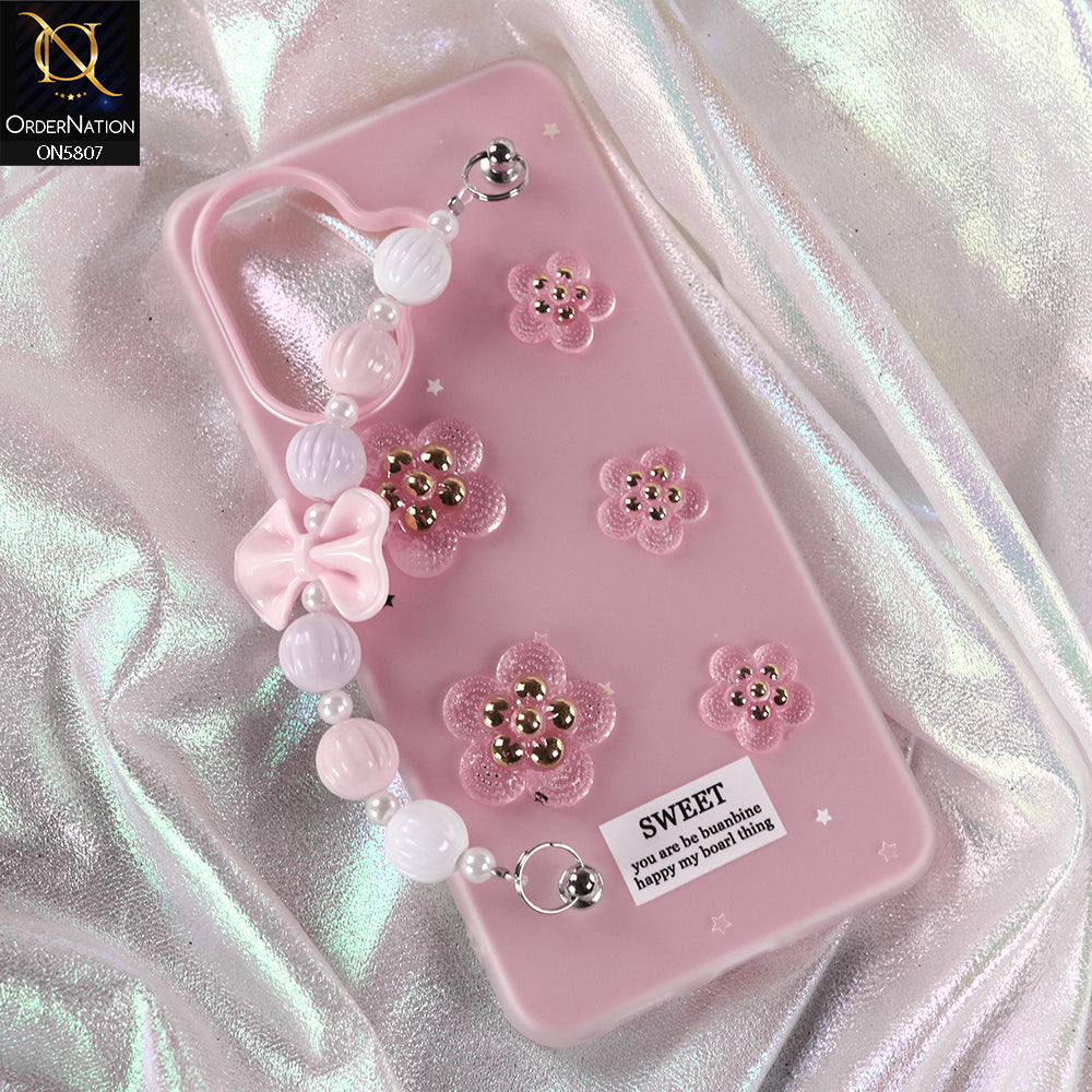 Vivo V60 Lite 4G Cover - Pink - New Trendy Floral Bow Decor Beaded Hand Strap