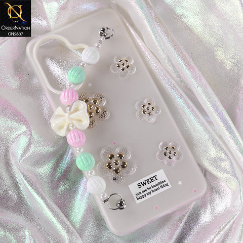 Vivo V60 Lite 5G Cover - White - New Trendy Floral Bow Decor Beaded Hand Strap