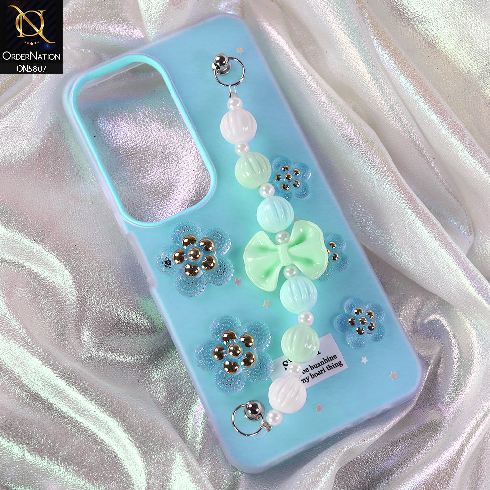Vivo Y19s Cover - Blue - New Trendy Floral Bow Decor Beaded Hand Strap