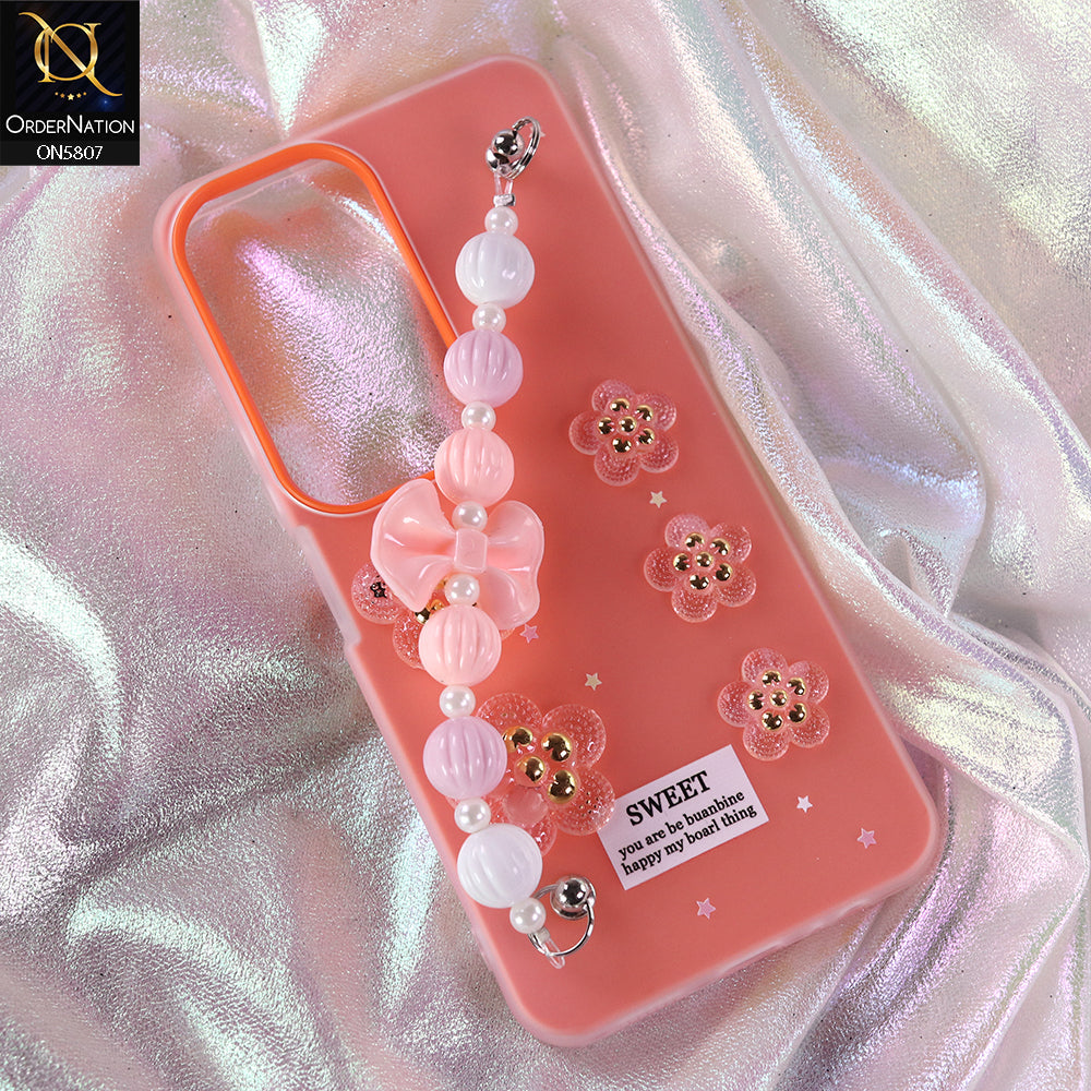 Vivo Y29 5G Cover - Orange - New Trendy Floral Bow Decor Beaded Hand Strap