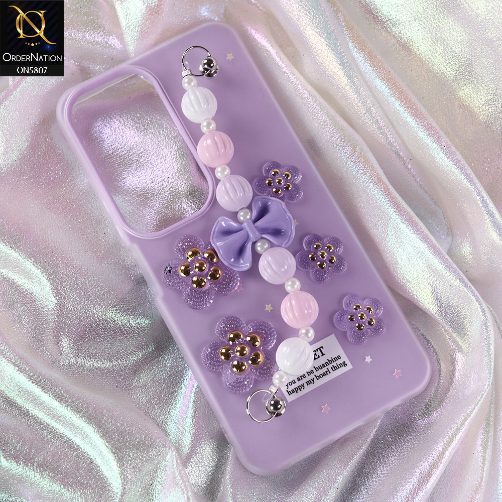 Vivo Y19s Pro Cover - Purple - New Trendy Floral Bow Decor Beaded Hand Strap
