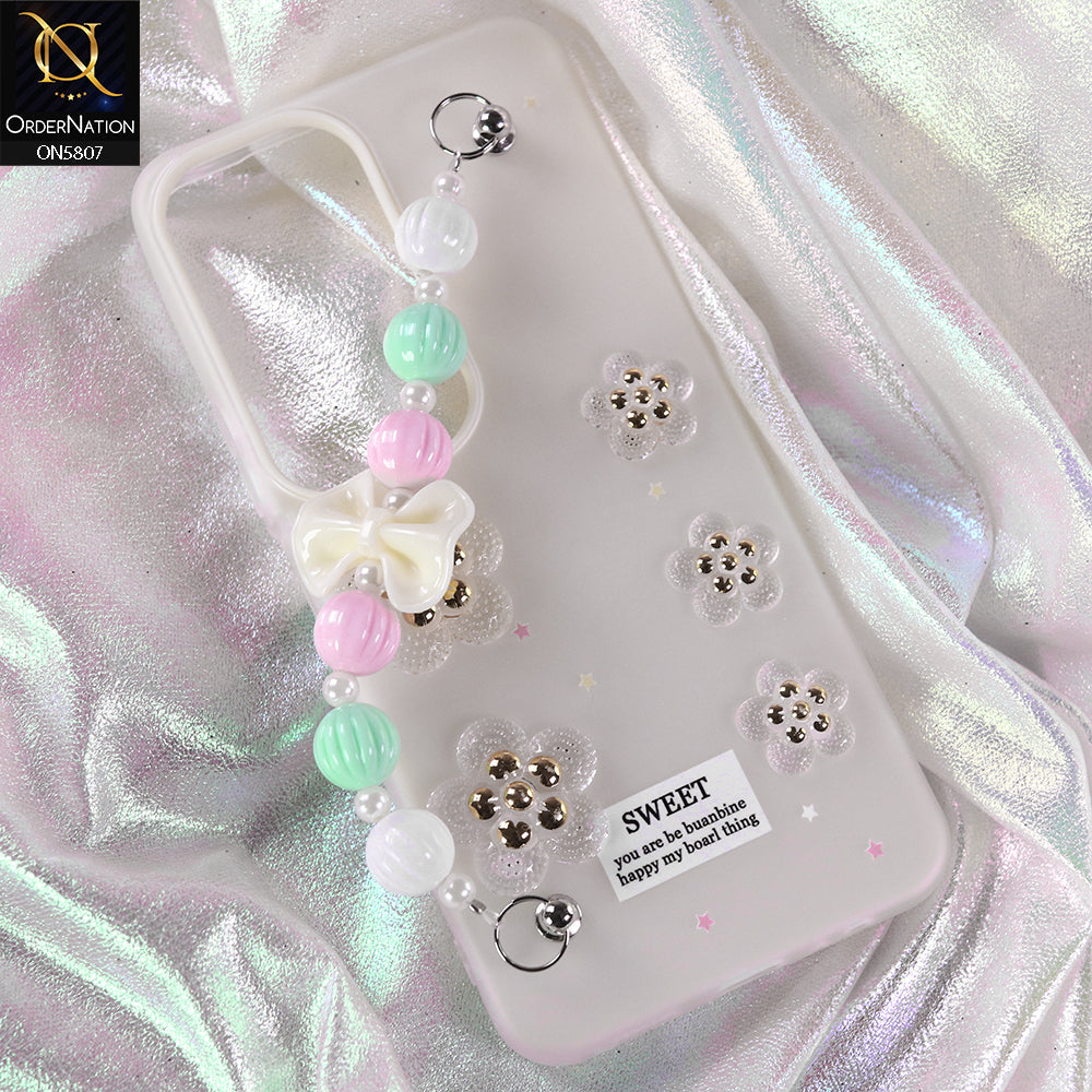 Vivo Y19s Pro Cover - White - New Trendy Floral Bow Decor Beaded Hand Strap