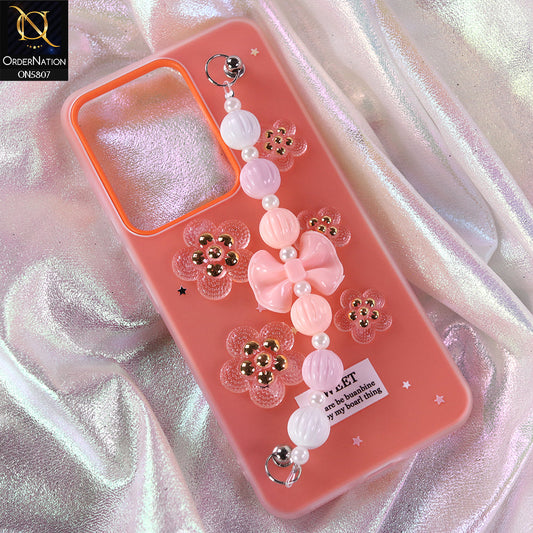 Vivo V40 Lite (IDN) Cover - Orange - New Trendy Floral Bow Decor Beaded Hand Strap