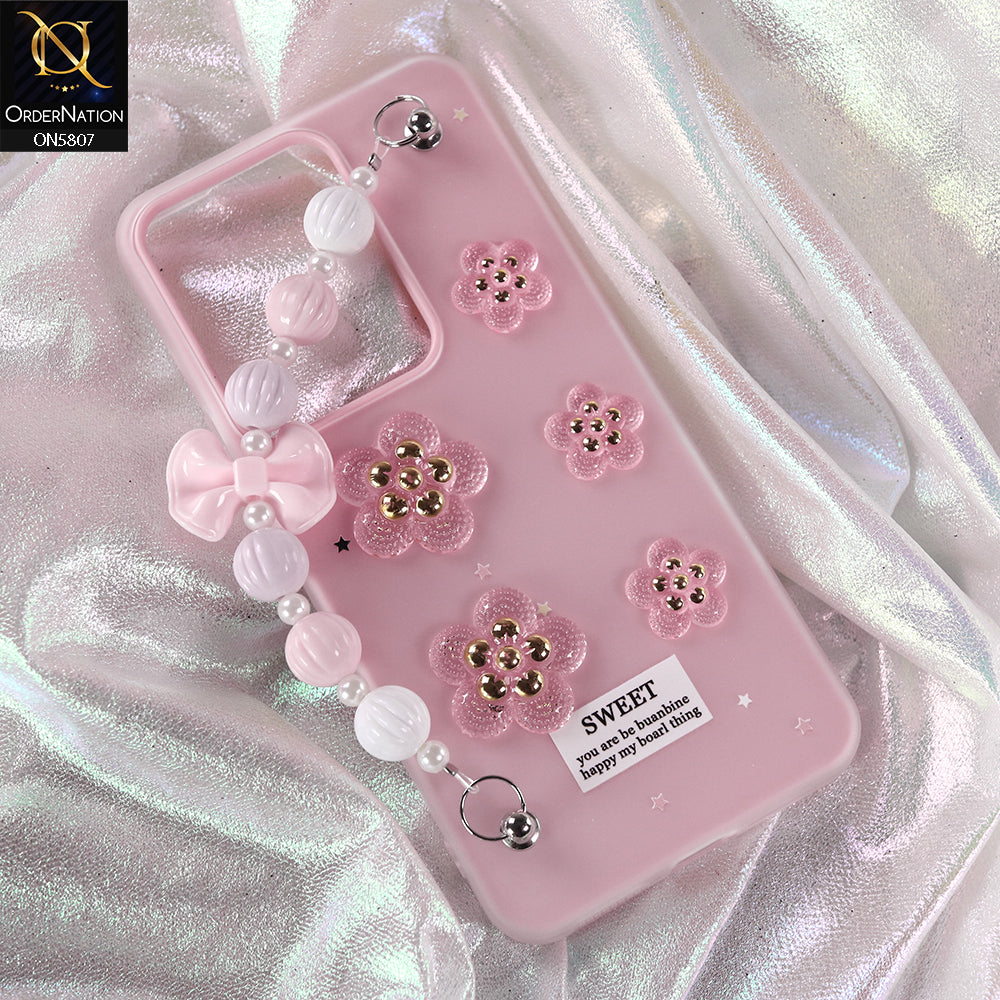Vivo V40 Lite (IDN) Cover - Pink - New Trendy Floral Bow Decor Beaded Hand Strap