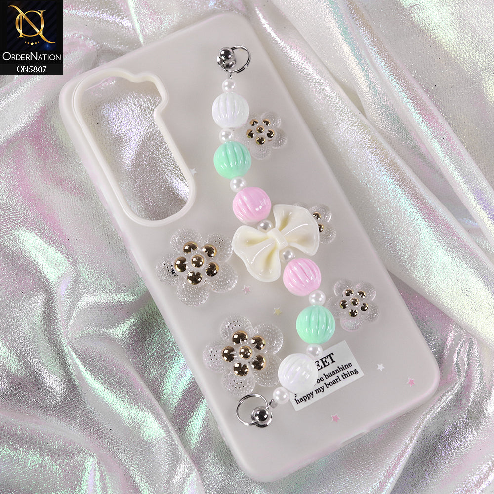 Vivo Y400 4G Cover - White - New Trendy Floral Bow Decor Beaded Hand Strap