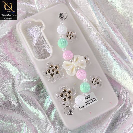 Vivo Y400 4G Cover - White - New Trendy Floral Bow Decor Beaded Hand Strap