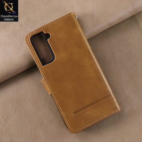 Samsung Galaxy S21 5G Cover - Light Brown -  Way Out Excellence Quality Soft Tpu Leather Flip Book With Card Holding Slots
