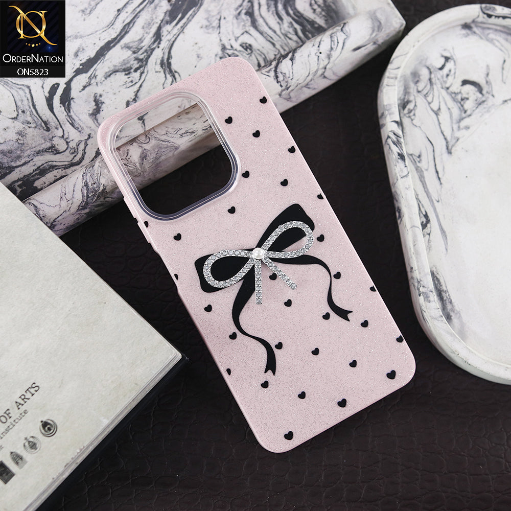 Oppo A5 Pro 5G Cover - Pink -  A New Alluring  Small Rhinestones Bow With Centered Pearl Shiny Case