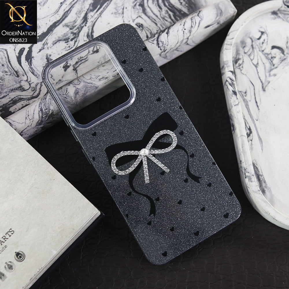 Tecno Pop 7 Cover - Black -  A New Alluring  Small Rhinestones Bow With Centered Pearl Shiny Case