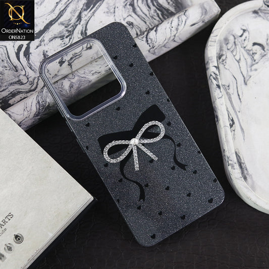 Infinix Smart 7 Plus Cover - Black -  A New Alluring  Small Rhinestones Bow With Centered Pearl Shiny Case