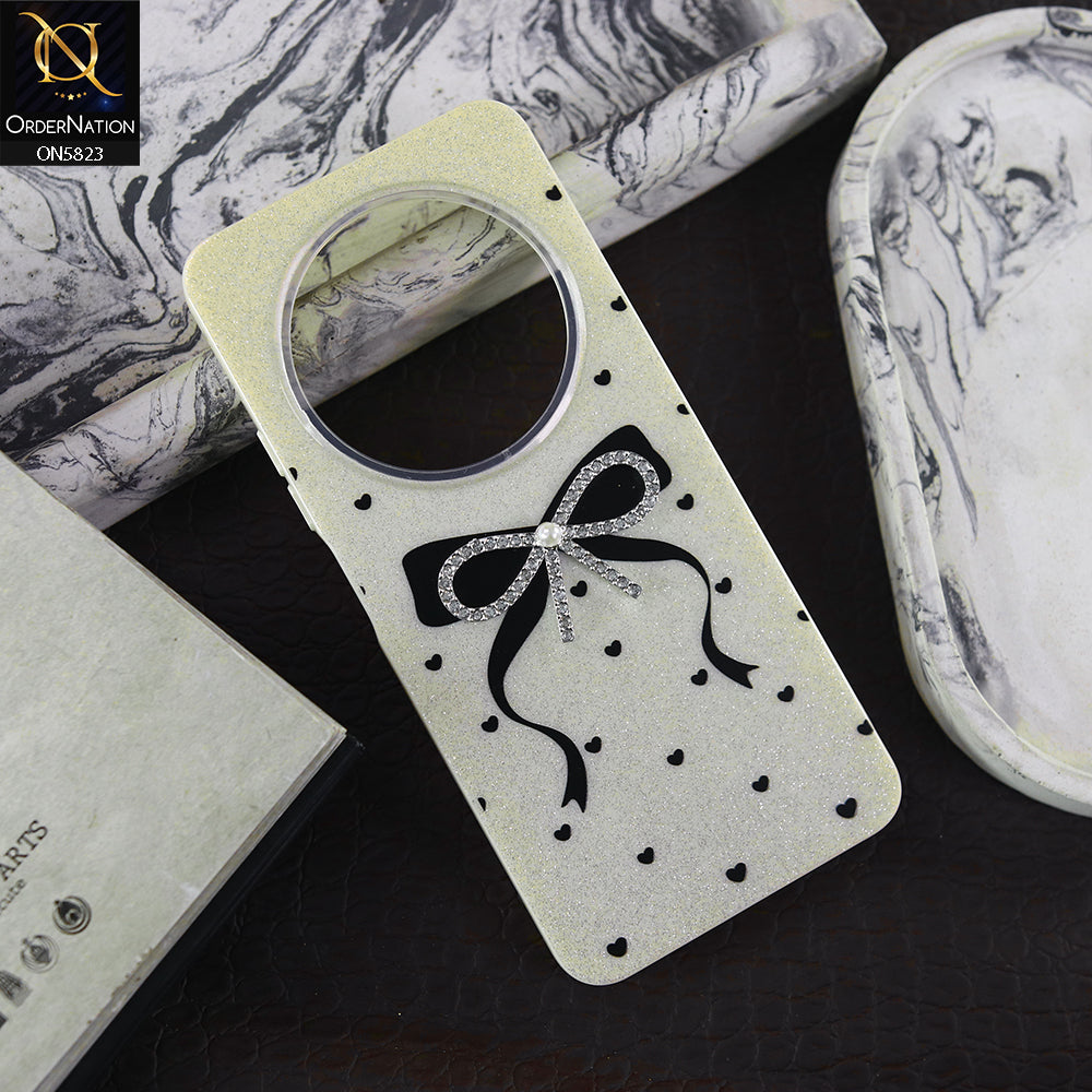 Xiaomi Redmi 14C Cover - Off White -  A New Alluring  Small Rhinestones Bow With Centered Pearl Shiny Case