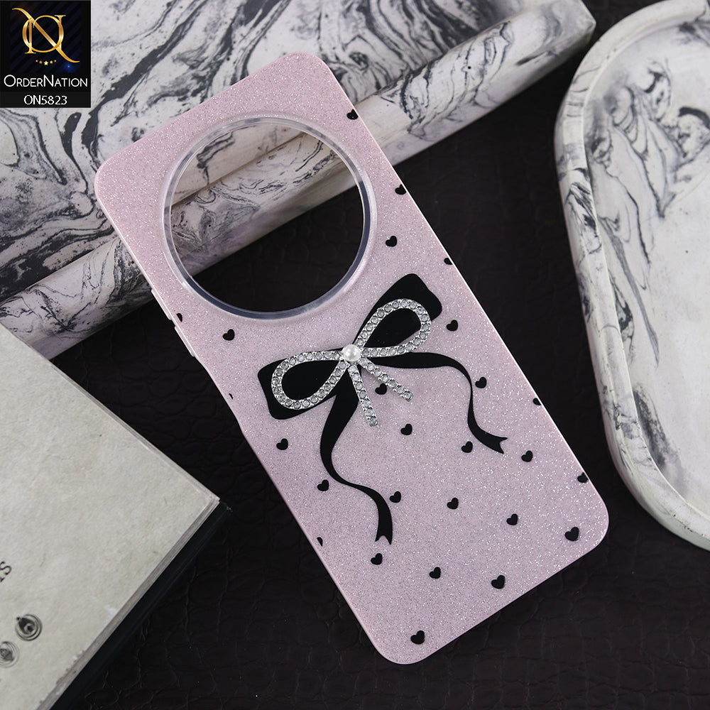 Xiaomi Poco C75 Cover - Pink -  A New Alluring  Small Rhinestones Bow With Centered Pearl Shiny Case