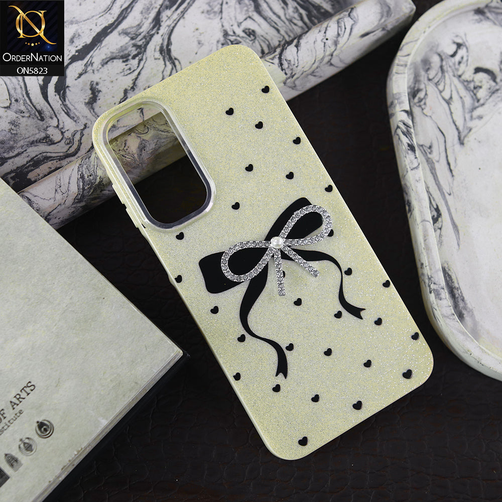 Samsung Galaxy A15 4G Cover - Off White -  A New Alluring  Small Rhinestones Bow With Centered Pearl Shiny Case