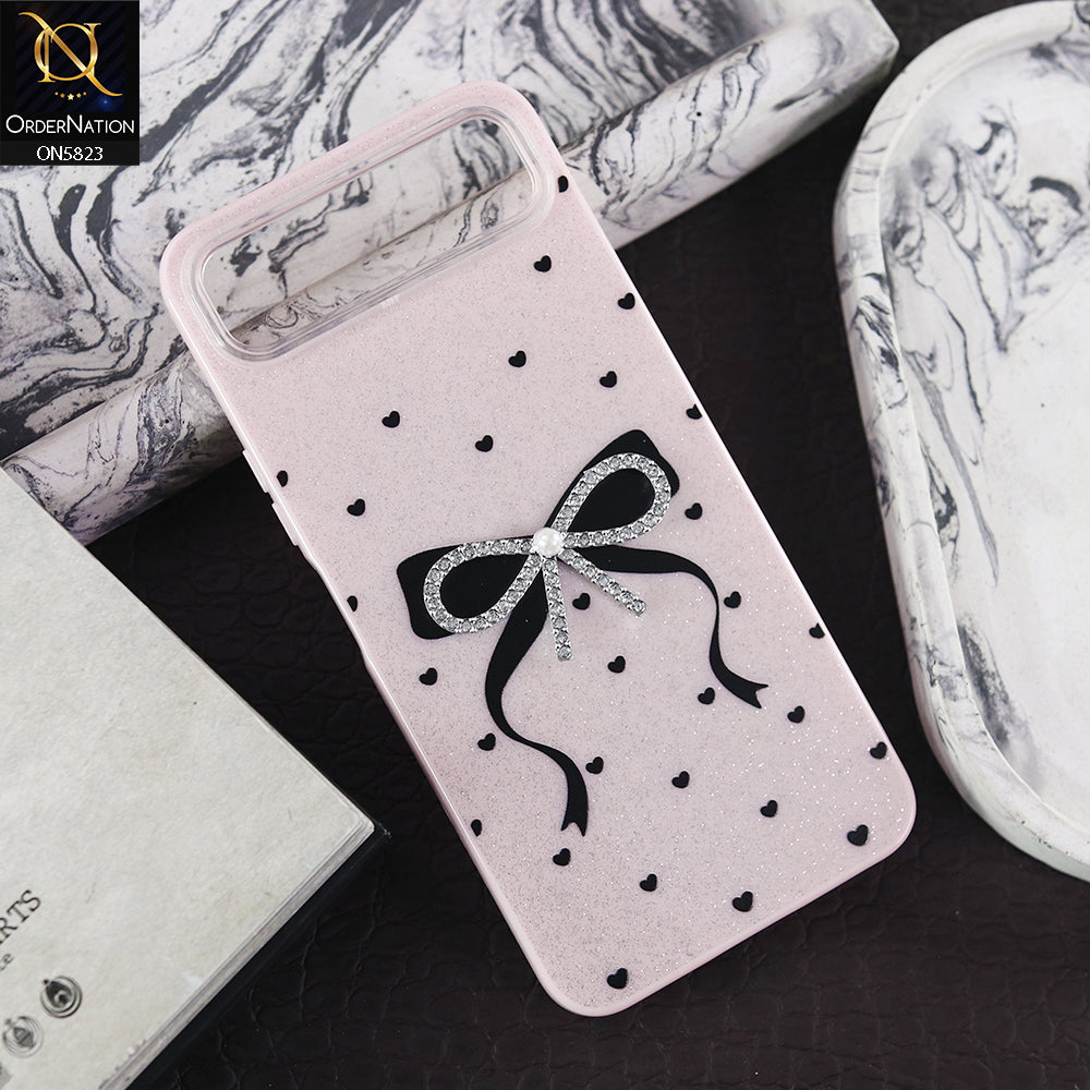 Infinix Smart 10 Plus Cover - Pink -  A New Alluring  Small Rhinestones Bow With Centered Pearl Shiny Case