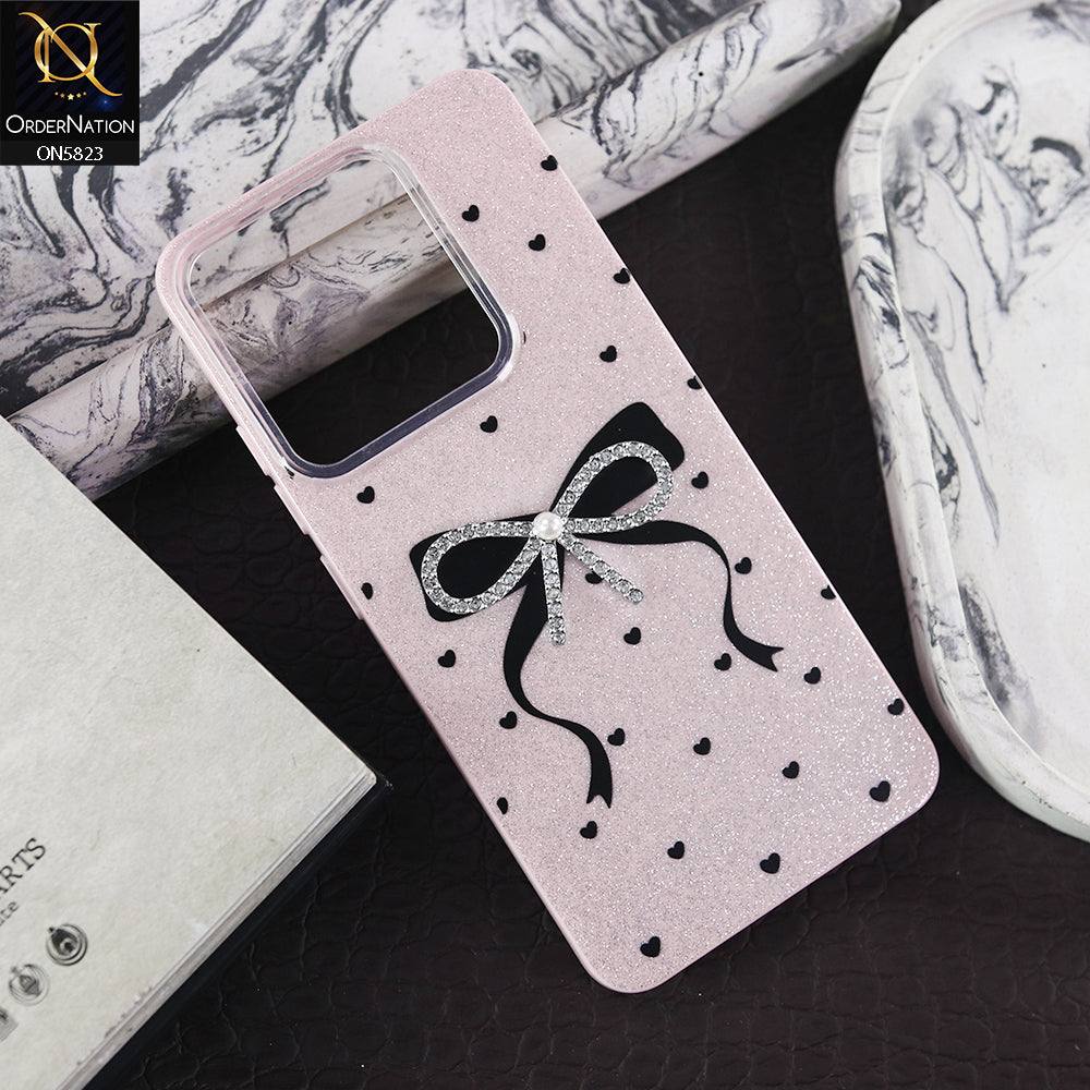 Infinix Smart 8 Plus Cover - Pink -  A New Alluring  Small Rhinestones Bow With Centered Pearl Shiny Case
