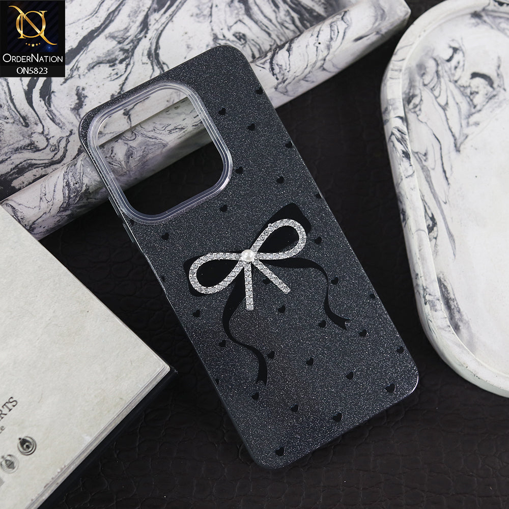 Tecno Spark 10 Cover - Black -  A New Alluring  Small Rhinestones Bow With Centered Pearl Shiny Case