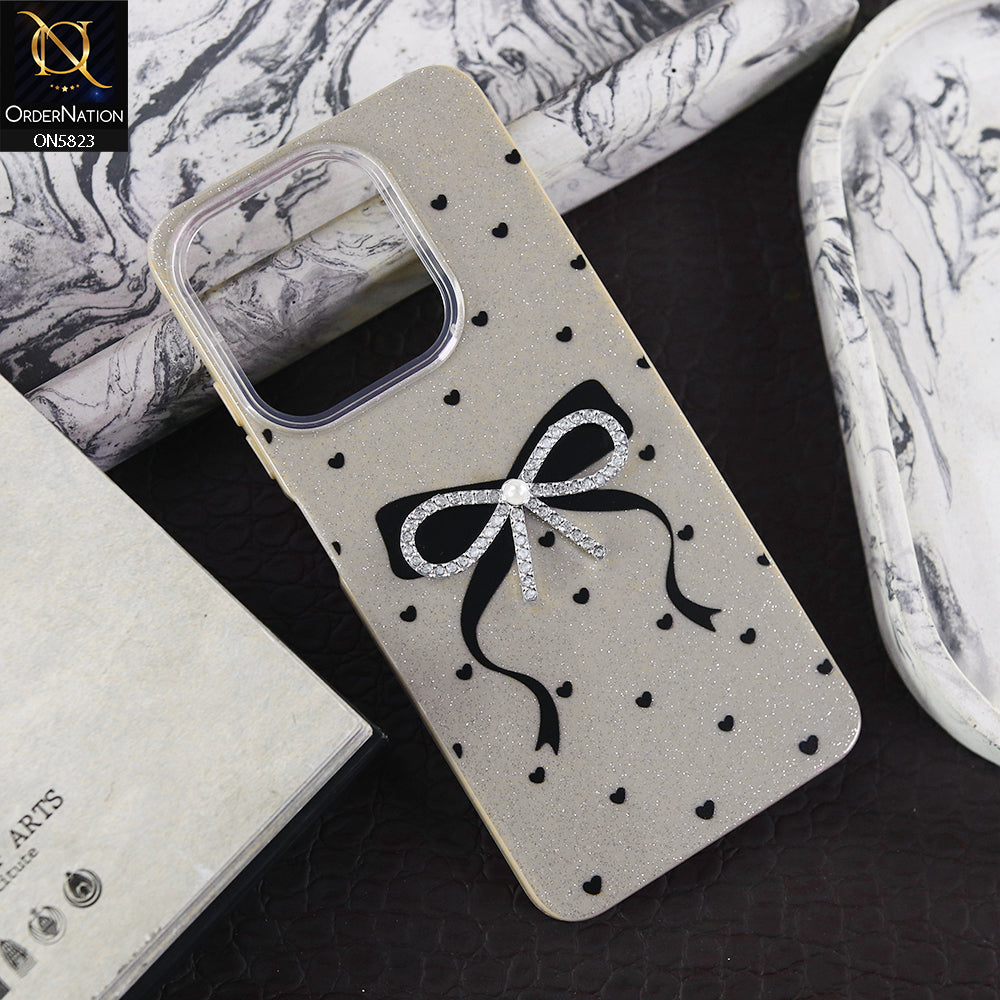 Tecno Spark 10 Cover - Brown -  A New Alluring  Small Rhinestones Bow With Centered Pearl Shiny Case