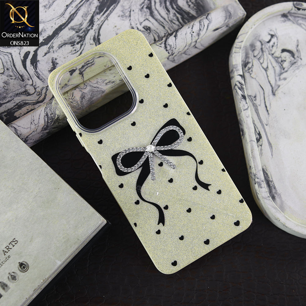 Tecno Spark 10C Cover - Off White -  A New Alluring  Small Rhinestones Bow With Centered Pearl Shiny Case