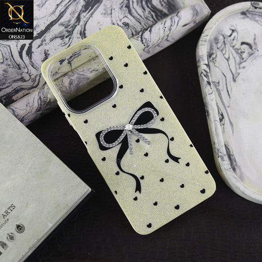 Tecno Spark 10C Cover - Off White -  A New Alluring  Small Rhinestones Bow With Centered Pearl Shiny Case