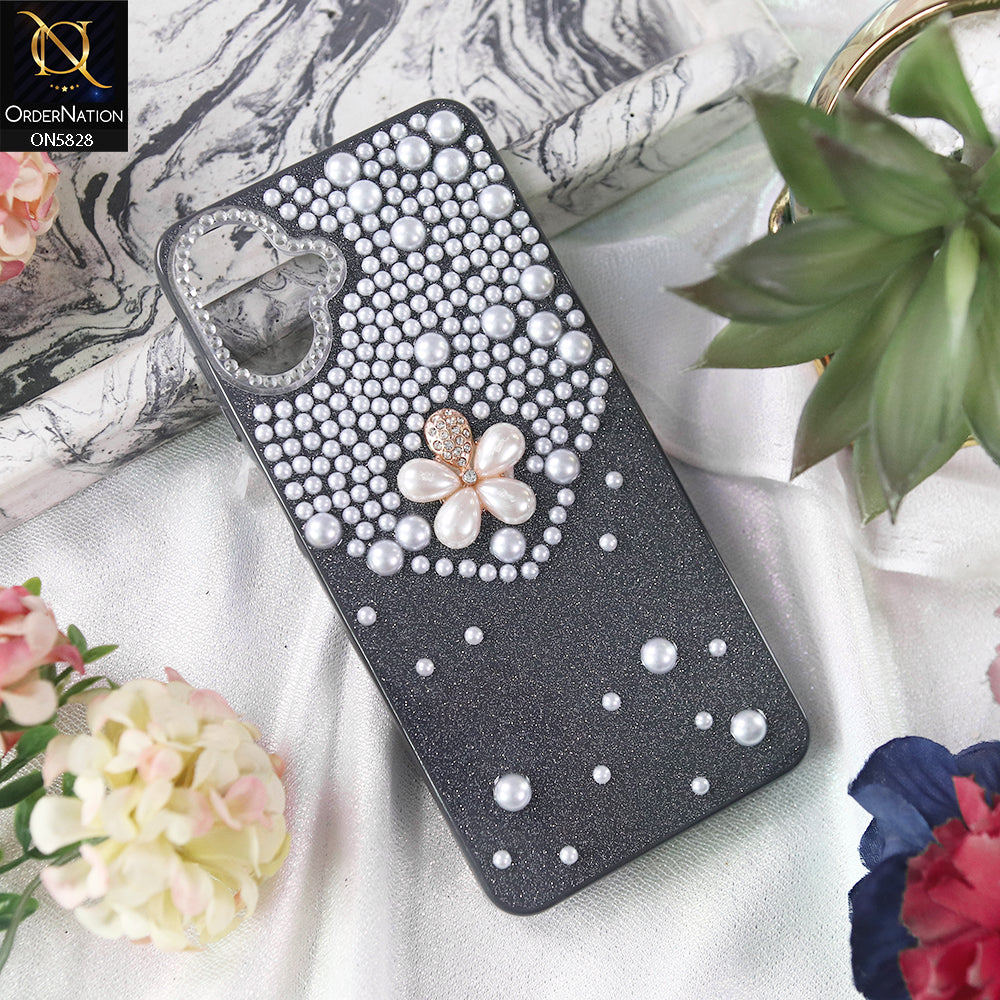 Samsung Galaxy F07 Cover - Black - Adorable Pretty RhineStones And Pearls Zone Feminine Case