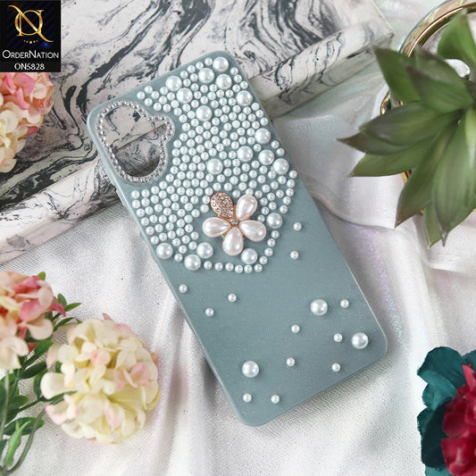 Samsung Galaxy F07 Cover - Blue - Adorable Pretty RhineStones And Pearls Zone Feminine Case