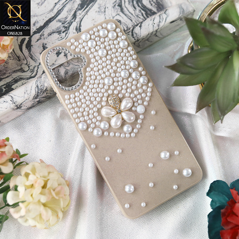 Samsung Galaxy F07 Cover - Brown - Adorable Pretty RhineStones And Pearls Zone Feminine Case