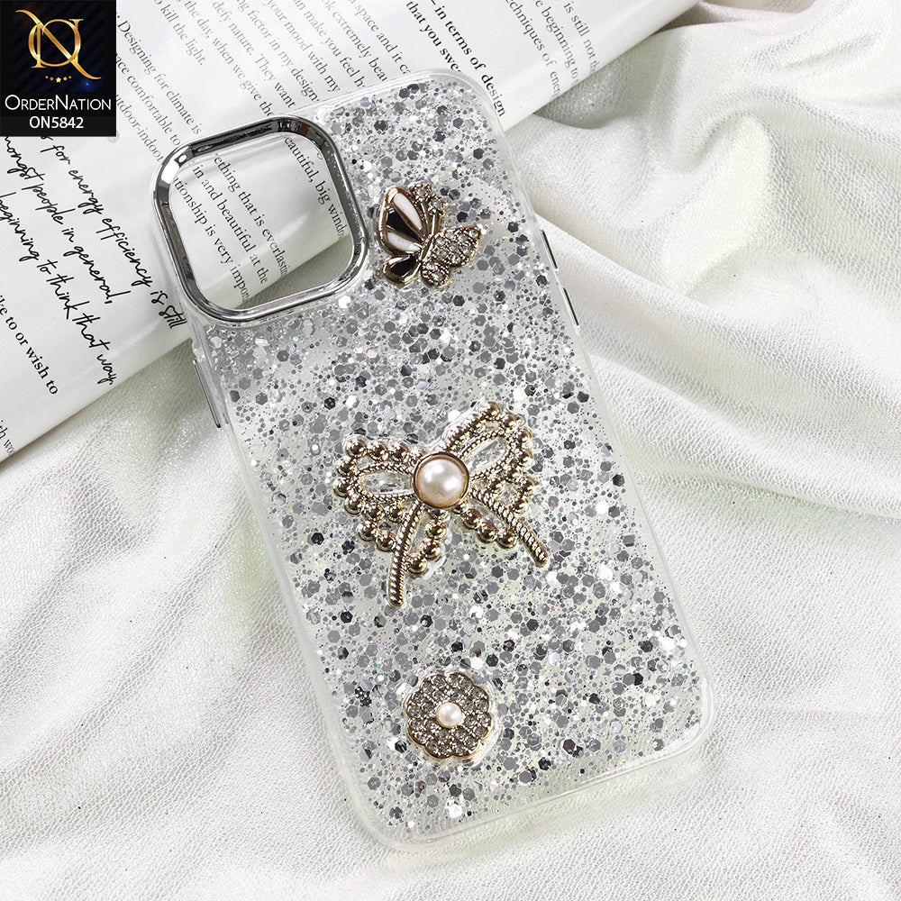 Samsung Galaxy F07 Cover - Silver - New Beeded Rhinestones Shinny Glitter Case