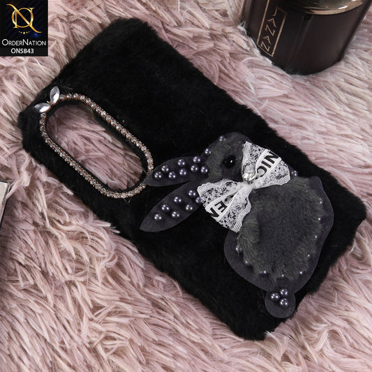 Infinix Hot 60 Cover - Black - New Cute 3D Bunny Warm Plush Fluffy Case