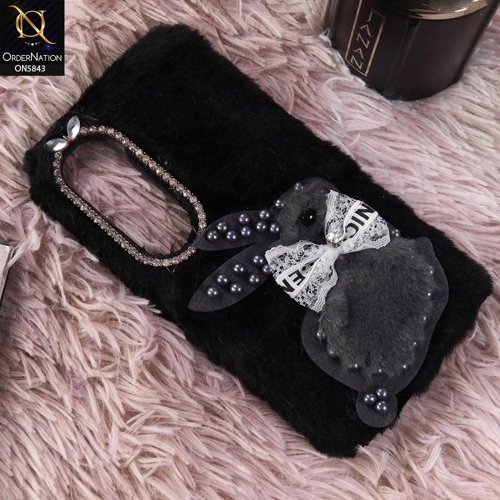 Infinix Hot 60i 4G Cover - Black - New Cute 3D Bunny Warm Plush Fluffy Case