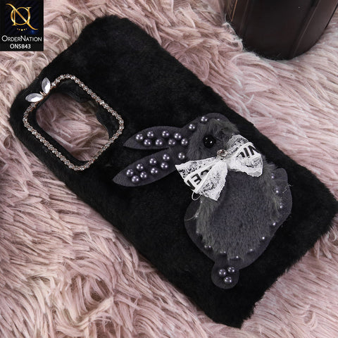 Infinix Smart 10 Cover - Black - New Cute 3D Bunny Warm Plush Fluffy Case