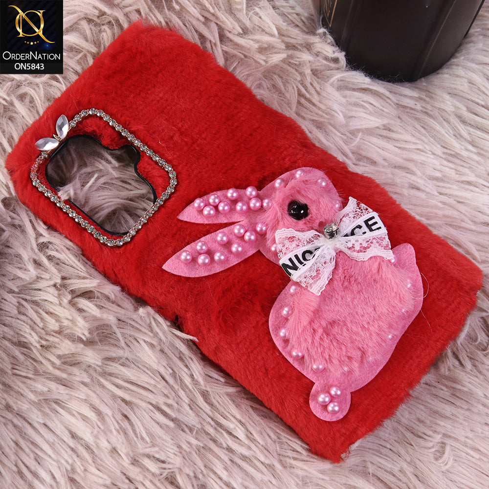 Infinix Smart 10 Cover - Red - New Cute 3D Bunny Warm Plush Fluffy Case