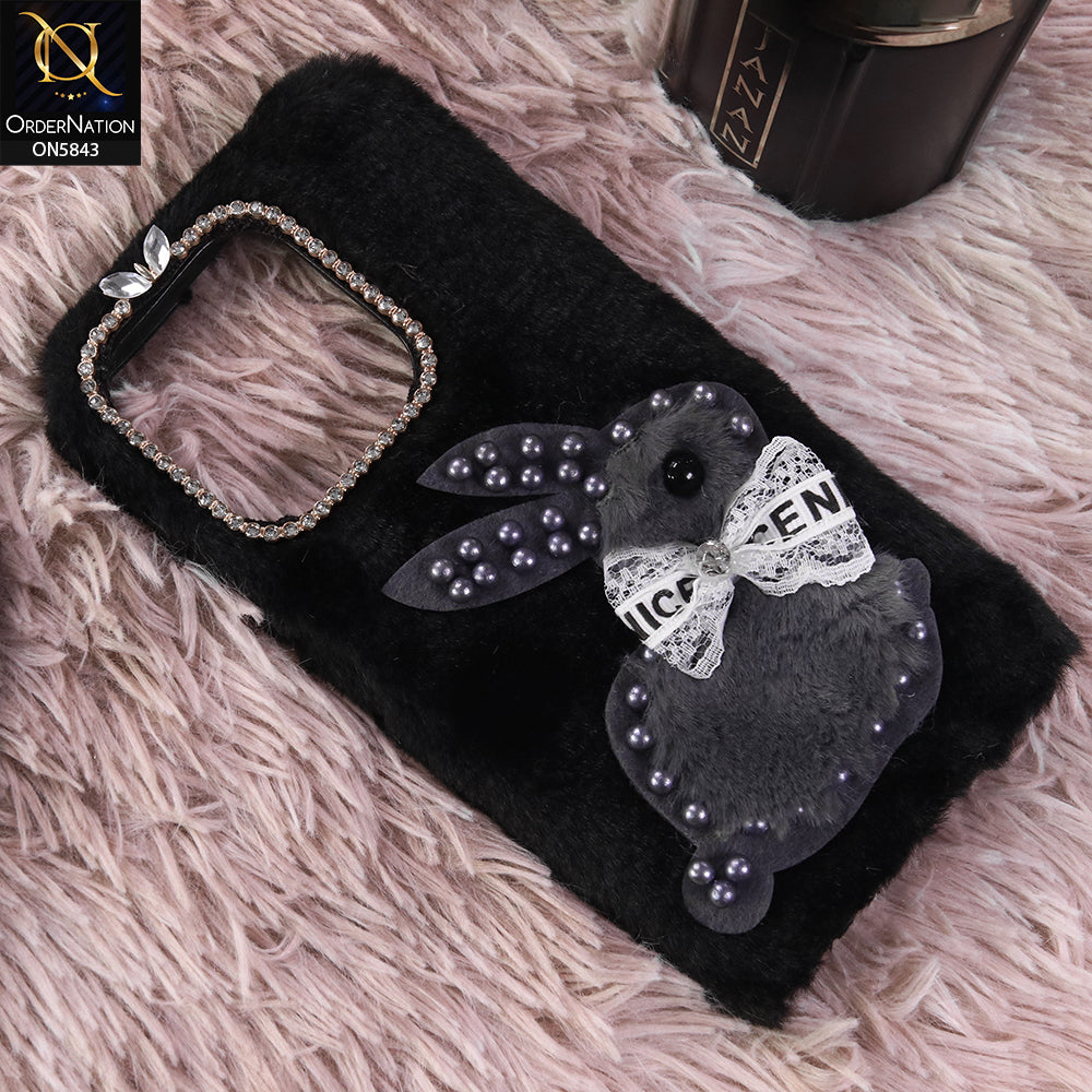 Realme C71 Cover - Black - New Cute 3D Bunny Warm Plush Fluffy Case