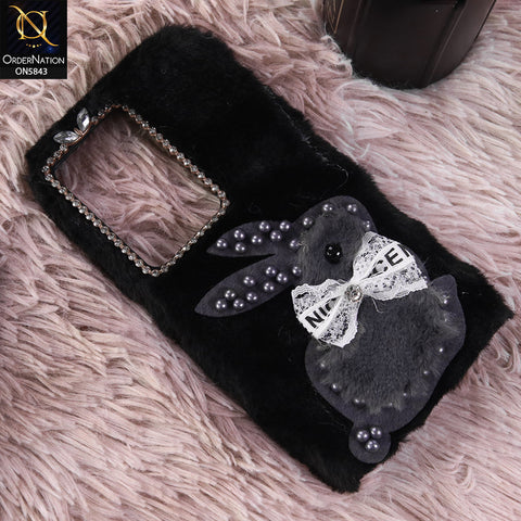 Realme Narzo 80 Lite Cover - Black - New Cute 3D Bunny Warm Plush Fluffy Case
