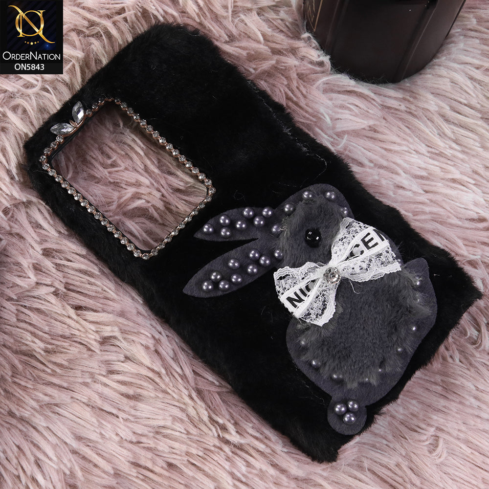 Realme Note 70T Cover - Black - New Cute 3D Bunny Warm Plush Fluffy Case