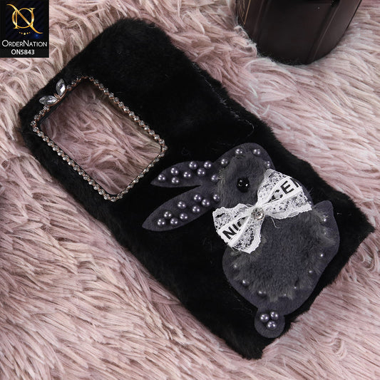 Realme Note 70T Cover - Black - New Cute 3D Bunny Warm Plush Fluffy Case