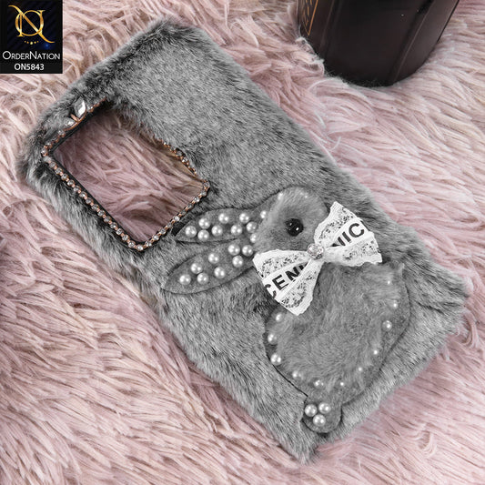 Realme Narzo 80 Lite Cover - Gray - New Cute 3D Bunny Warm Plush Fluffy Case