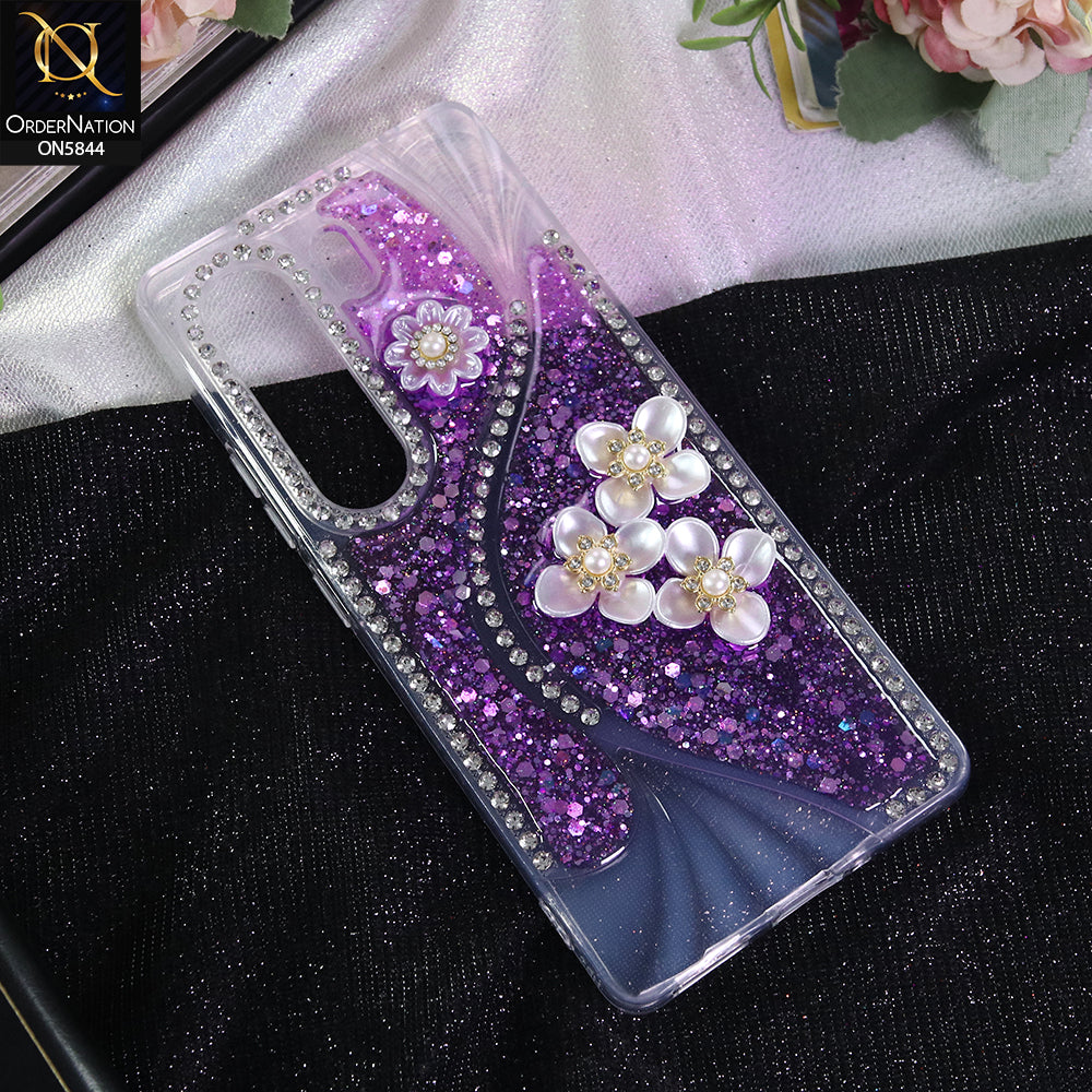 Tecno Camon 40 Pro Cover - Purple - New Premium Fancy Flower Bling Glitter Rinestone Soft Case