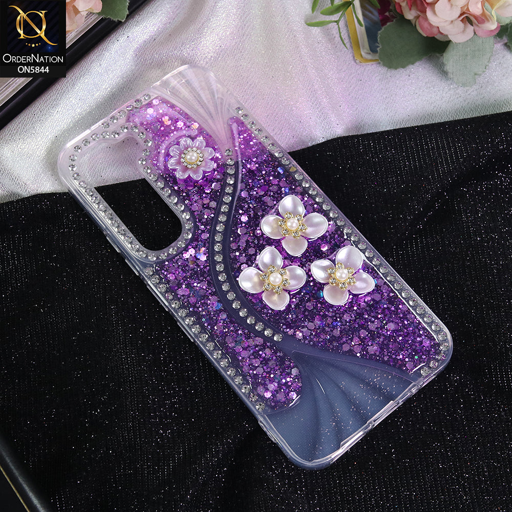 Infinix Hot 60 Pro Cover - Purple - New Premium Fancy Flower Bling Glitter Rinestone Soft Case