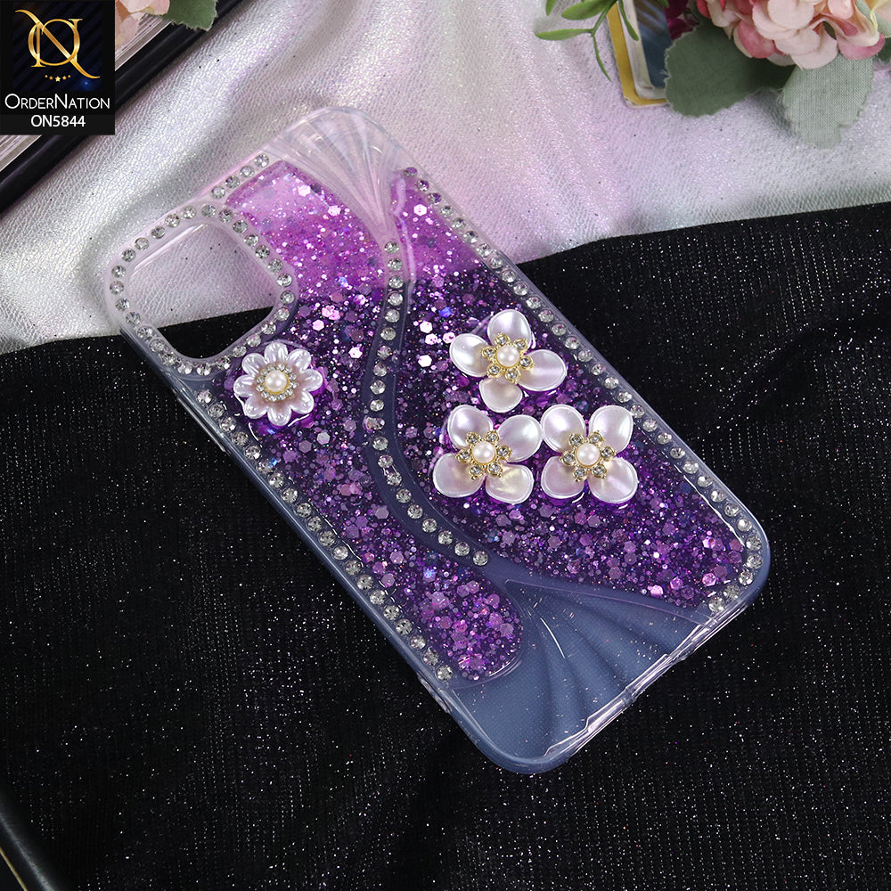 iPhone 11 Cover - Purple - New Premium Fancy Flower Bling Glitter Rinestone Soft Case