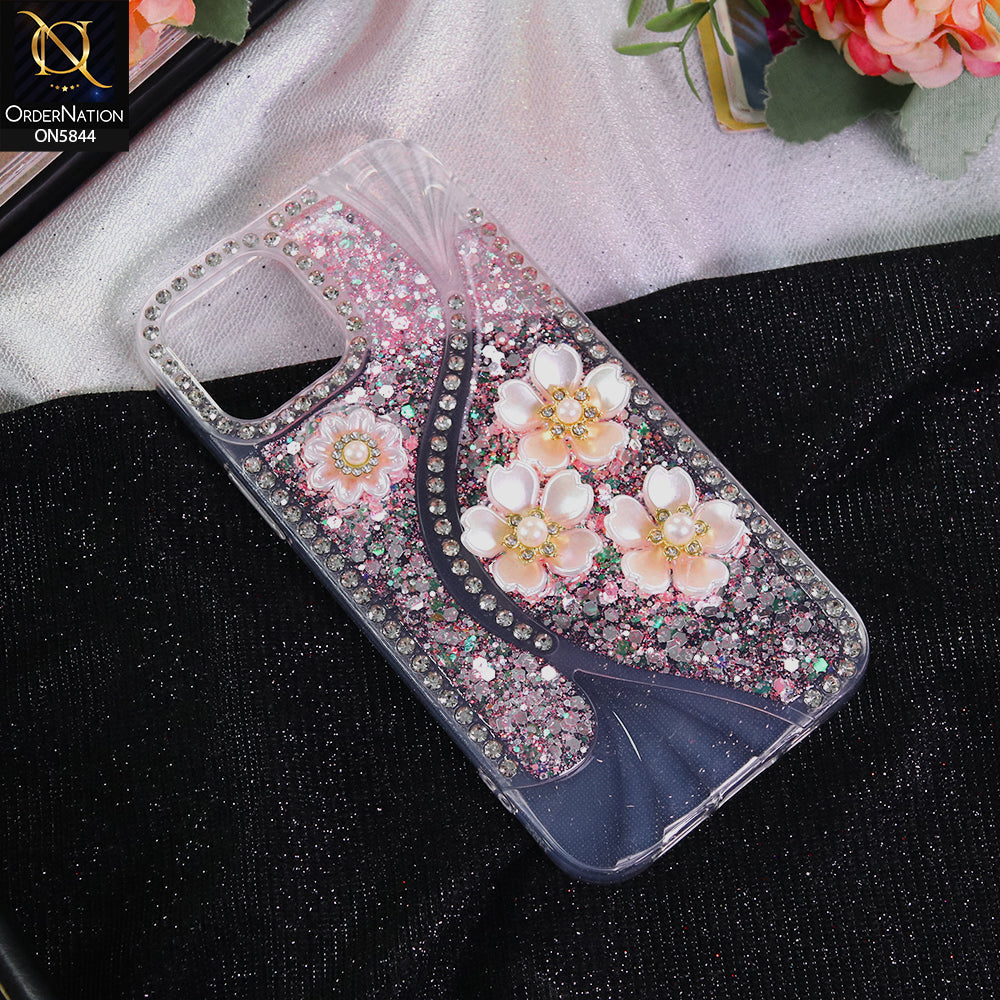 iPhone 12 Cover - Pink - New Premium Fancy Flower Bling Glitter Rinestone Soft Case