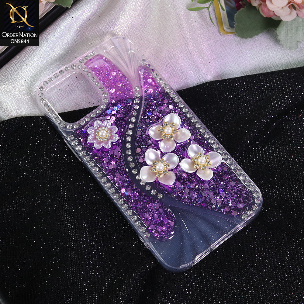 iPhone 12 Cover - Purple - New Premium Fancy Flower Bling Glitter Rinestone Soft Case