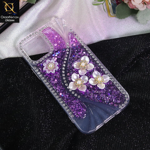 iPhone 12 Cover - Purple - New Premium Fancy Flower Bling Glitter Rinestone Soft Case