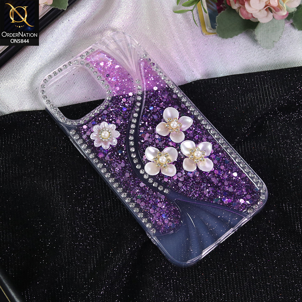 iPhone 12 Pro Max Cover - Purple - New Premium Fancy Flower Bling Glitter Rinestone Soft Case