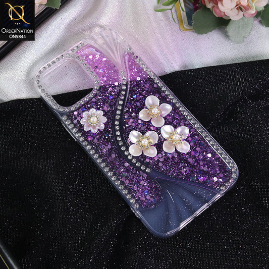 iPhone 12 Pro Max Cover - Purple - New Premium Fancy Flower Bling Glitter Rinestone Soft Case
