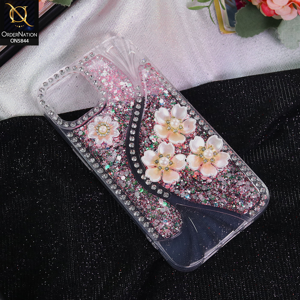 iPhone 13 Cover - Pink - New Premium Fancy Flower Bling Glitter Rinestone Soft Case