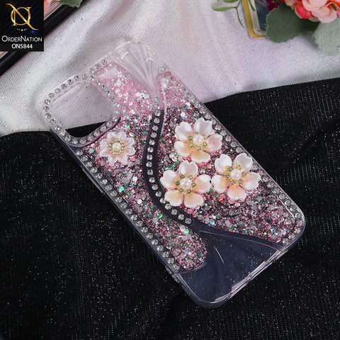 iPhone 13 Cover - Pink - New Premium Fancy Flower Bling Glitter Rinestone Soft Case