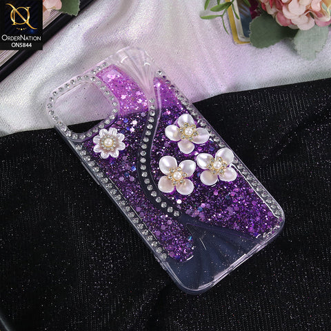 iPhone 13 Cover - Purple - New Premium Fancy Flower Bling Glitter Rinestone Soft Case