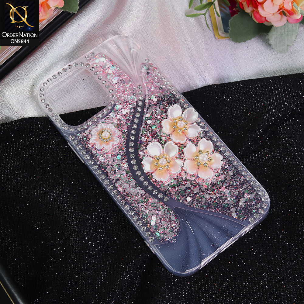 iPhone 13 Pro Max Cover - Pink - New Premium Fancy Flower Bling Glitter Rinestone Soft Case