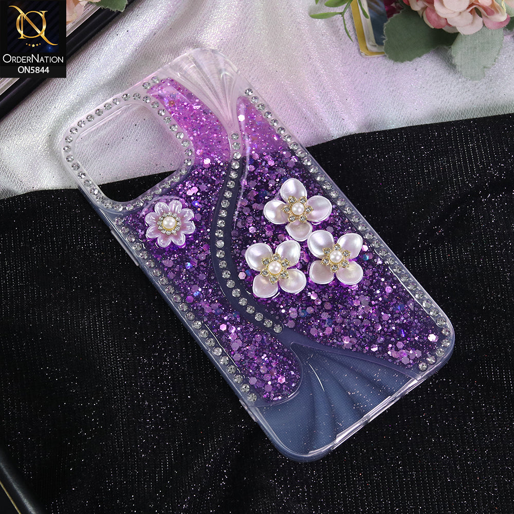 iPhone 13 Pro Max Cover - Purple - New Premium Fancy Flower Bling Glitter Rinestone Soft Case
