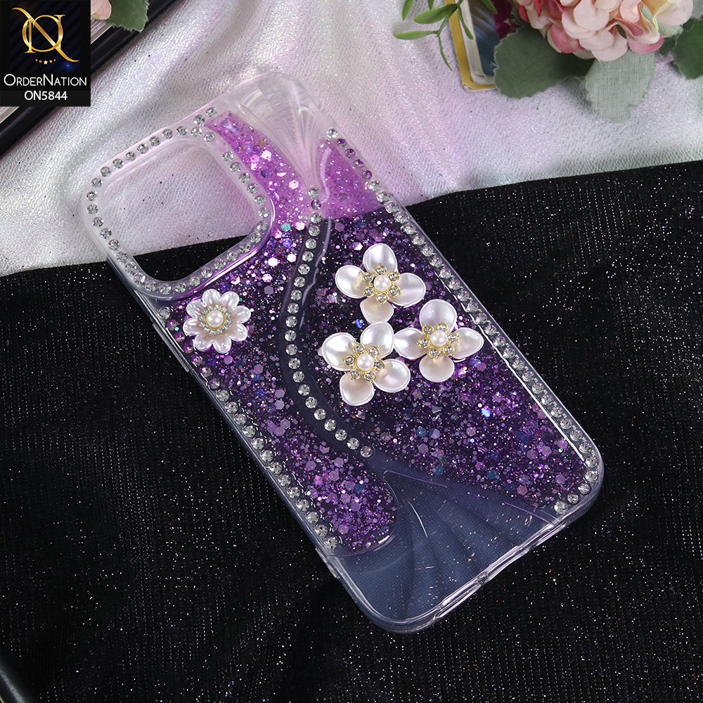 iPhone 14 Pro Max Cover - Purple - New Premium Fancy Flower Bling Glitter Rinestone Soft Case